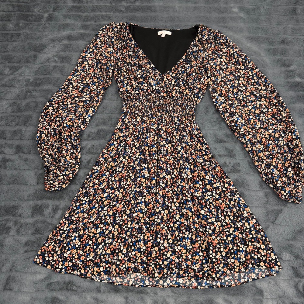 GB Ditsy Floral Smocked Waist V-Neck Mini Dress Long Sleeve Black XS GB7377PRE